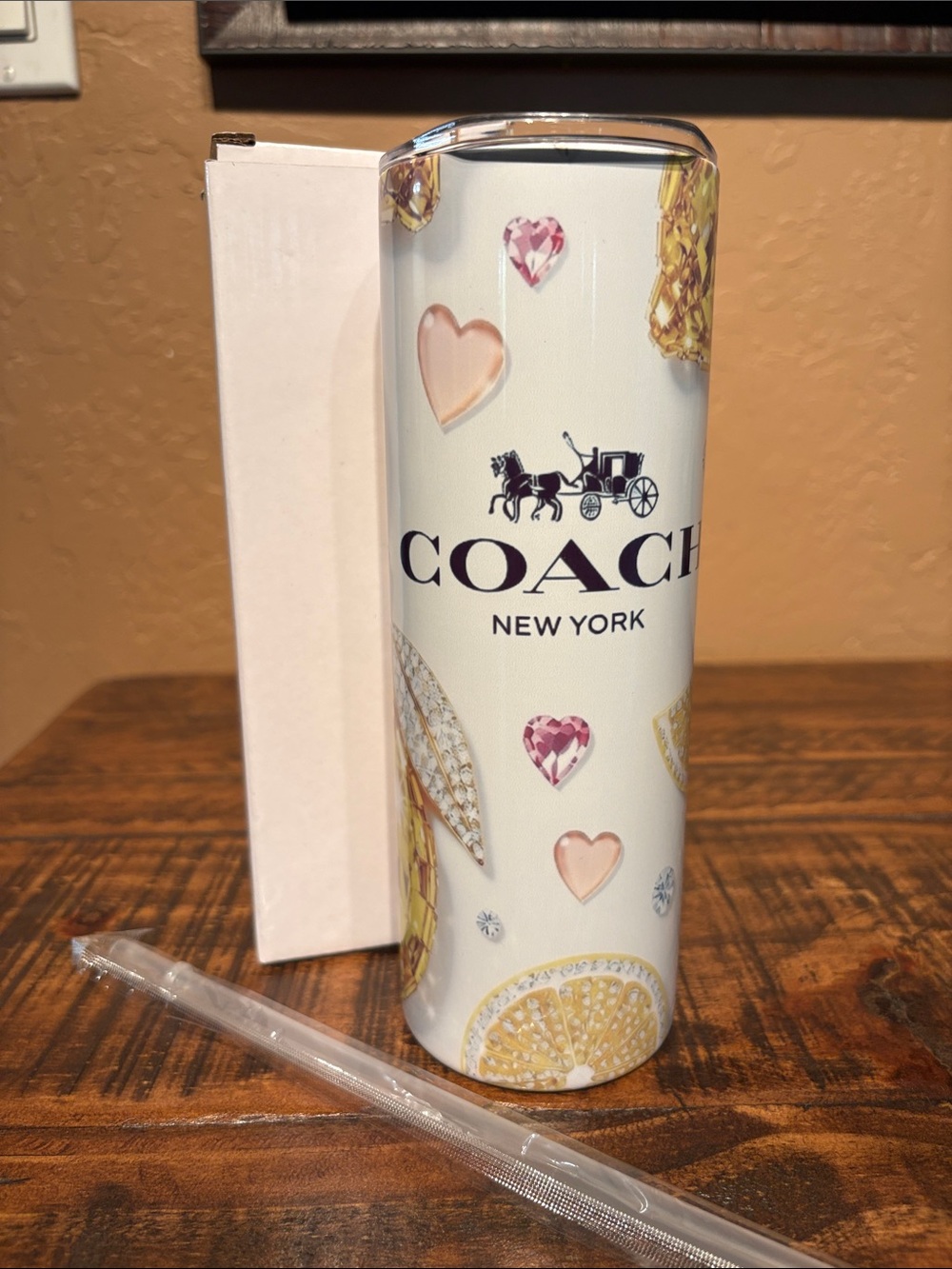 Fashion White Gem-Print Stainless Steel Tumbler with straw in gift box 20oz NEW
